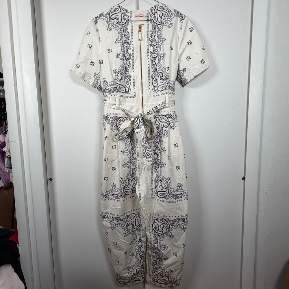 Tory Burch Poplin Jumpsuit Ivory Americana Bandana Paisley XL 75831 Womens